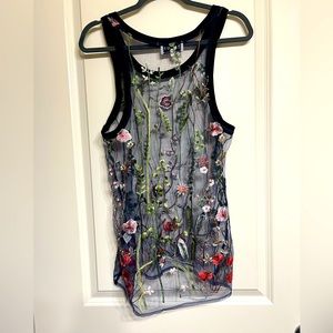 Sheer tank top with floral embroidery